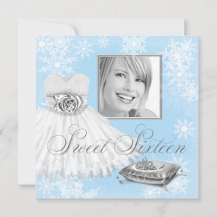 Winter Blue Snowflake Photo Sweet Sixteen Party Invitation