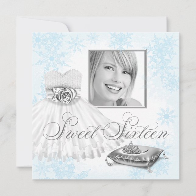 Winter Blue Snowflake Photo Sweet Sixteen Party Invitation (Front)