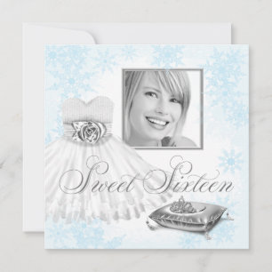 Winter Blue Snowflake Photo Sweet Sixteen Party Invitation