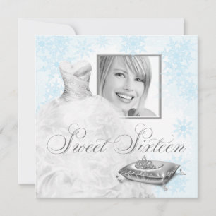 Winter Blue Snowflake Photo Sweet Sixteen Party Invitation