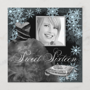 Winter Blue Snowflake Photo Sweet Sixteen Party Invitation