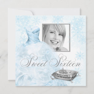 Winter Blue Snowflake Photo Sweet Sixteen Party Invitation