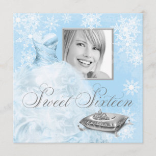 Winter Blue Snowflake Photo Sweet Sixteen Party Invitation