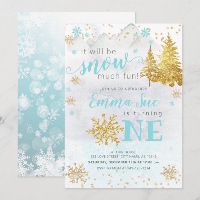 Winter Blue Snowflake Snow Much fun Birthday Invitation (Front/Back)