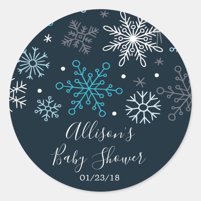 Winter Blue Snowflakes Baby Shower Sticker (Front)