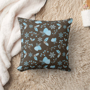 Winter Blue Snowflakes Mistletoe Pinecone Brown Cushion