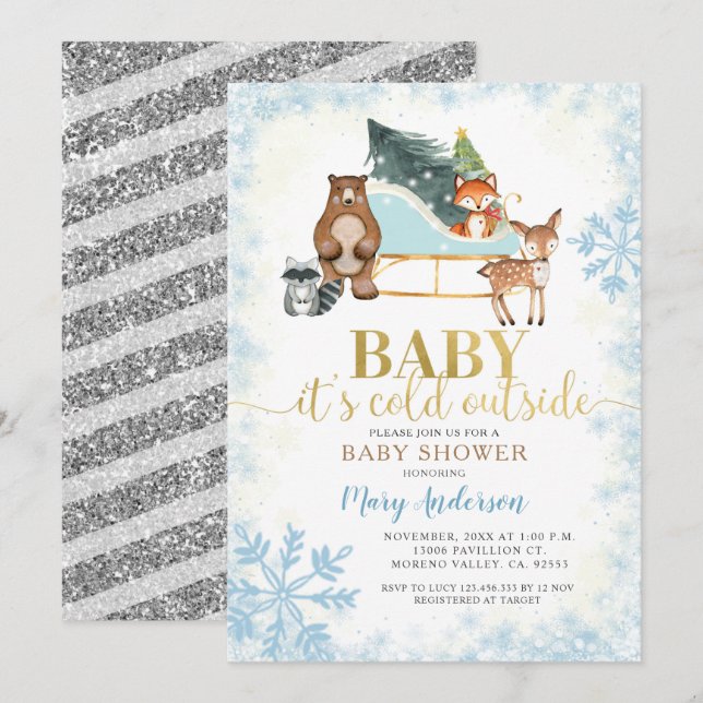 Winter Blue Snowflakes Woodland Baby shower  Invitation (Front/Back)