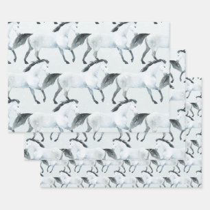 Winter Blue Snowy White Horse Wrapping Paper Sheet