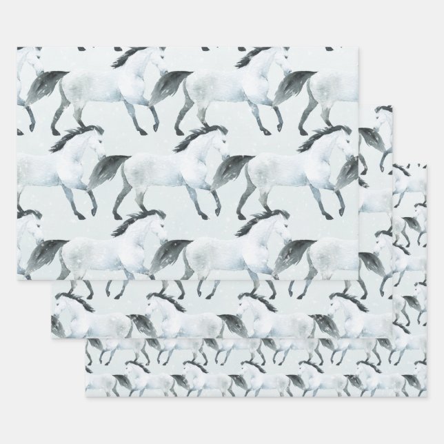 Winter Blue Snowy White Horse Wrapping Paper Sheet (Set)