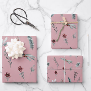 Winter Blue Spruce & Mulled Berries Dusty Rose Wrapping Paper Sheet