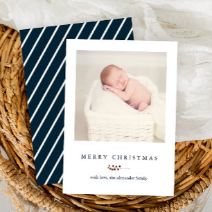 Winter Blue Stripes Berries Merry Christmas Photo Holiday Card