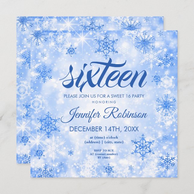 Winter Blue Sweet 16 Glitter Sparkle Invitation (Front/Back)
