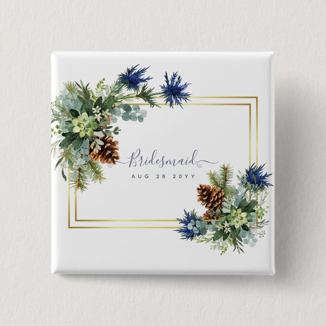 Winter Blue Thistle Eucalyptus Wedding Wonderland 15 Cm Square Badge (Front)