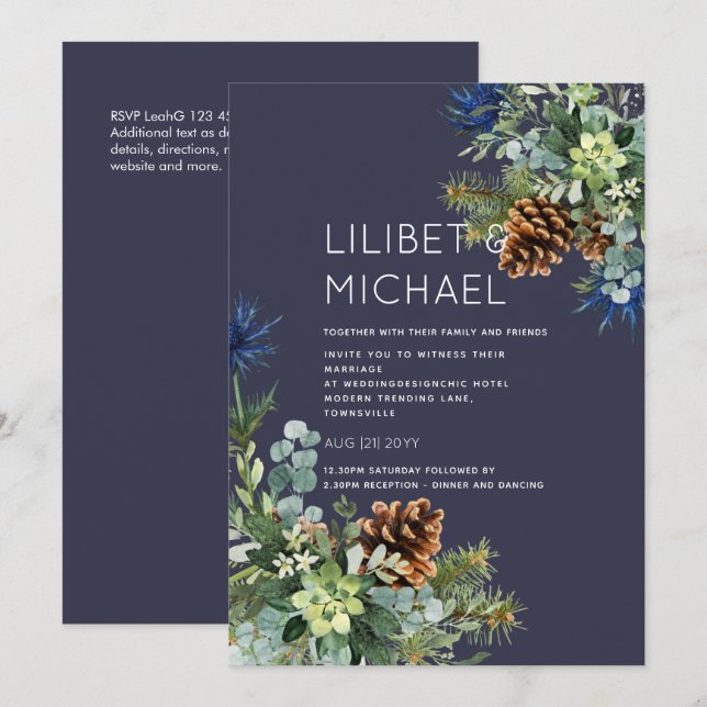 Winter Blue Thistle Eucalyptus Wedding Wonderland Invitation (Front/Back)