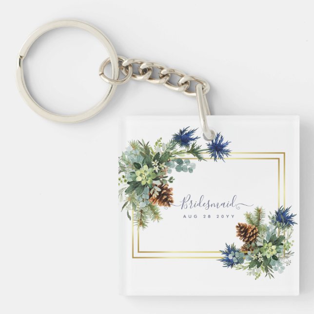 Winter Blue Thistle Eucalyptus Wedding Wonderland Key Ring (Front)