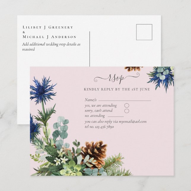 Winter Blue Thistle Eucalyptus Wedding Wonderland Postcard (Front/Back)
