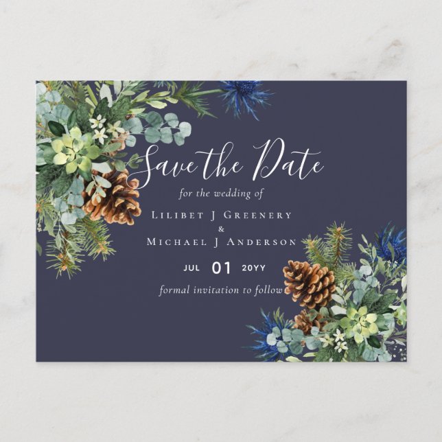 Winter Blue Thistle Eucalyptus Wedding Wonderland Postcard (Front)
