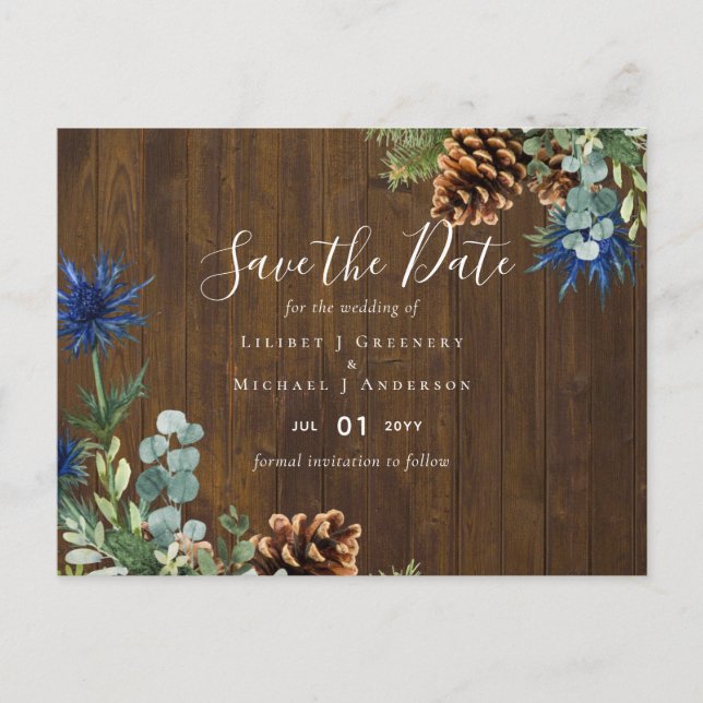 Winter Blue Thistle Eucalyptus Wedding Wonderland Postcard (Front)
