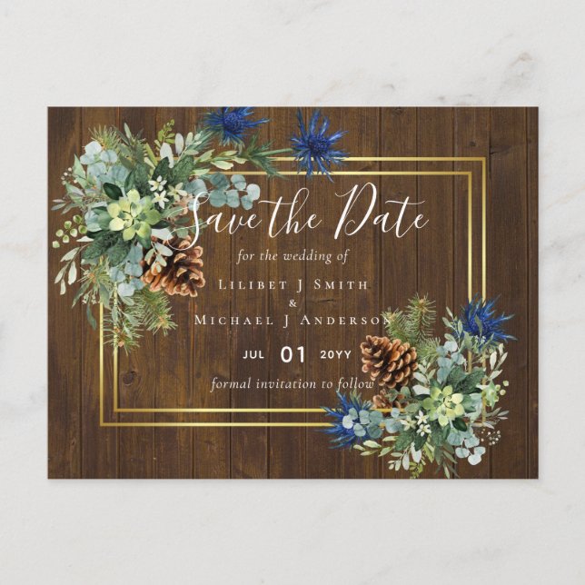Winter Blue Thistle Eucalyptus Wedding Wonderland Postcard (Front)