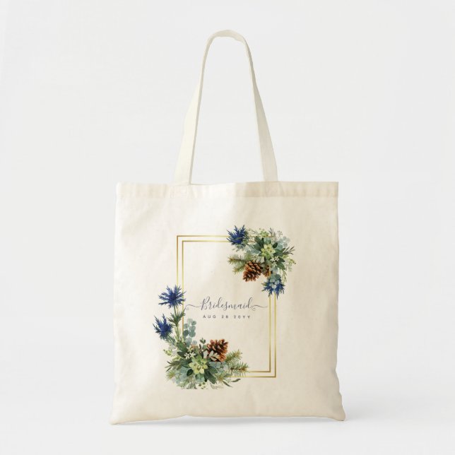 Winter Blue Thistle Eucalyptus Wedding Wonderland Tote Bag (Front)