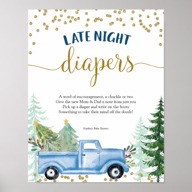 Winter Blue Truck Baby Shower Late Night Diapers Poster (Front)