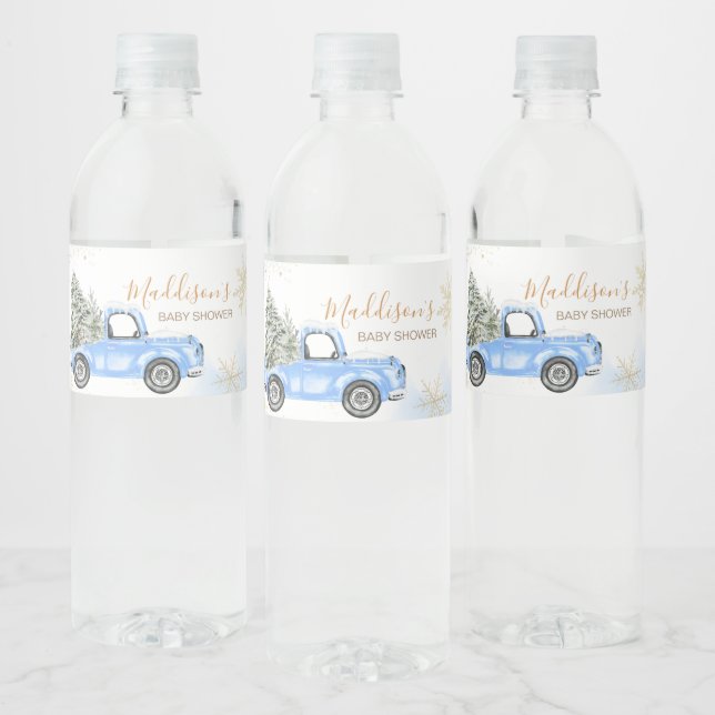 Winter Blue Truck Baby Shower Water Bottle Label (Bottles)