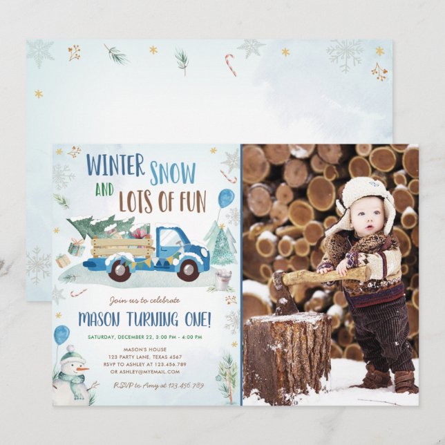 Winter Blue Truck Snow Fun Boy First Birthday Invitation (Front/Back)
