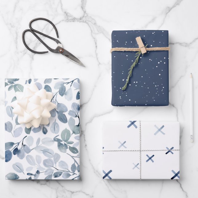 Winter Blue Watercolor Gift Wrap Set (Front)