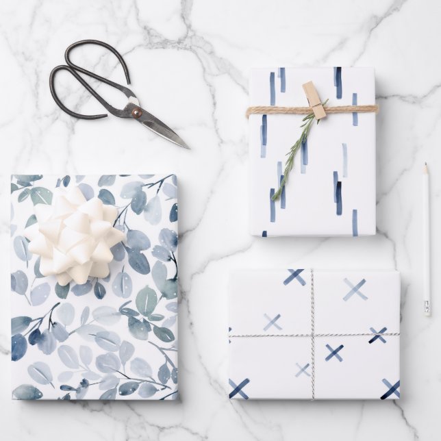 Winter Blue Watercolor Gift Wrap Set (Front)