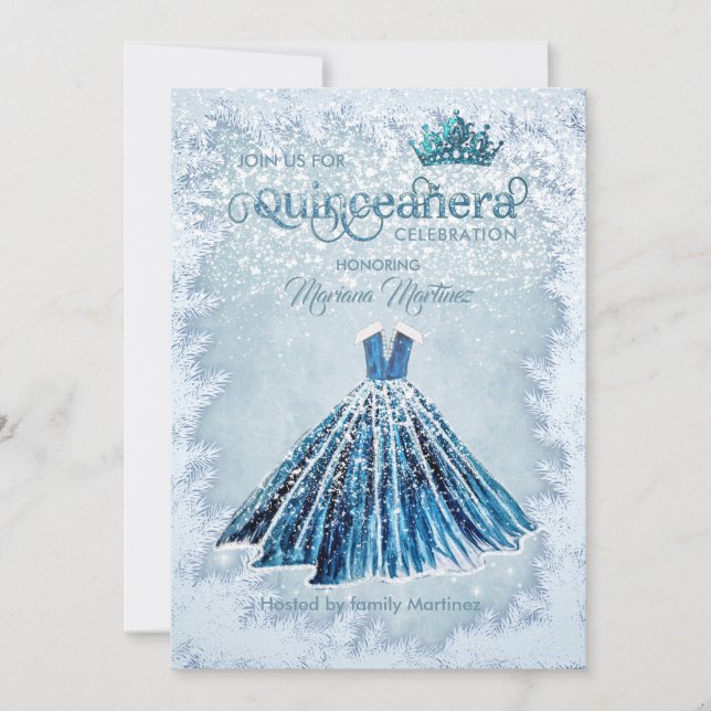 Winter blue Watercolor hand drawn ball dress  Invitation (Front)