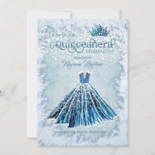Winter blue Watercolor hand drawn ball dress  Invitation