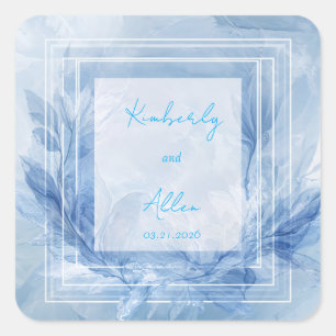 Winter Blue Watercolor Marbled Leaf Square Wedding Sticker