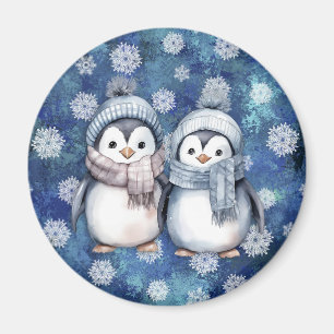 Winter Blue Watercolor Penguins Scarves Hats Magnet