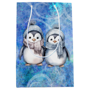 Winter Blue Watercolor Penguins Scarves Hats Medium Gift Bag