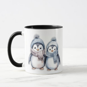 Winter Blue Watercolor Penguins Scarves Hats Mug