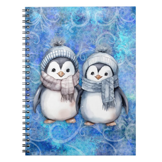 Winter Blue Watercolor Penguins Scarves Hats Notebook (Front)