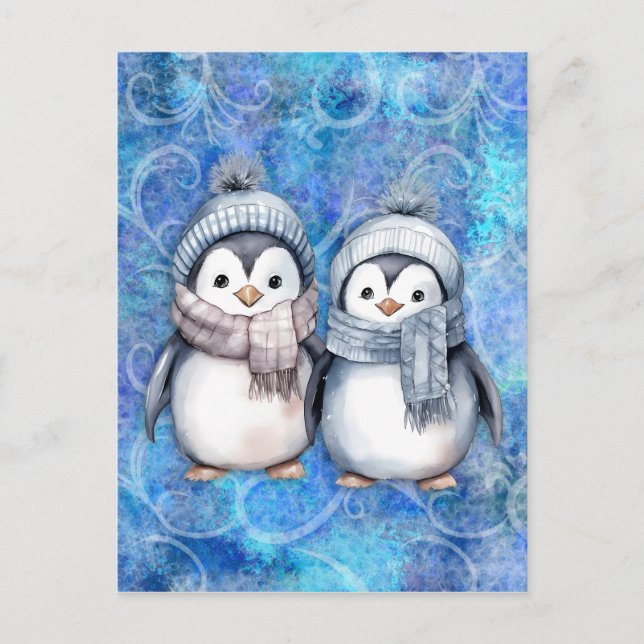 Winter Blue Watercolor Penguins Scarves Hats Postcard (Front)