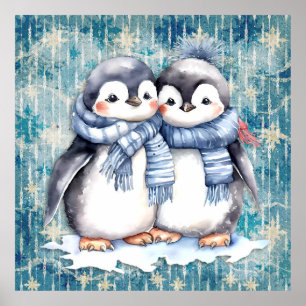 Winter Blue Watercolor Penguins Scarves Hats Poster