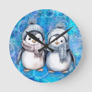 Winter Blue Watercolor Penguins Scarves Hats Round Clock