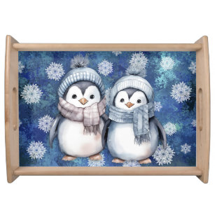 Winter Blue Watercolor Penguins Scarves Hats Serving Tray