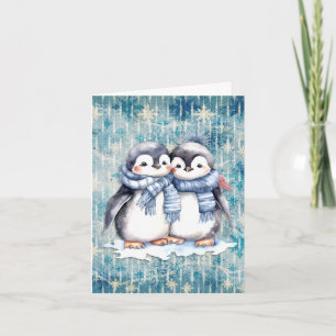 Winter Blue Watercolor Penguins With Scarves Card