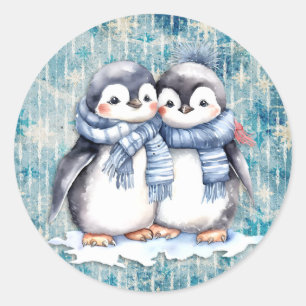 Winter Blue Watercolor Penguins With Scarves Classic Round Sticker