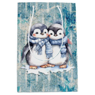 Winter Blue Watercolor Penguins With Scarves Medium Gift Bag
