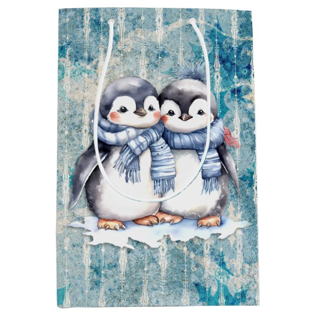 Winter Blue Watercolor Penguins With Scarves Medium Gift Bag (Front)