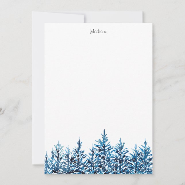 Winter Blue Watercolor Pine Trees Card (Front)
