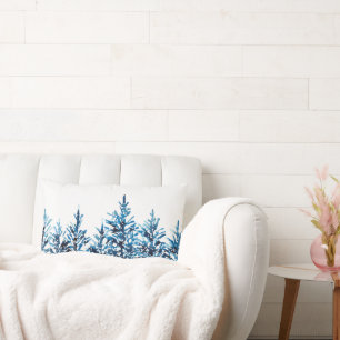 Winter Blue Watercolor Pine Trees   Lumbar Cushion