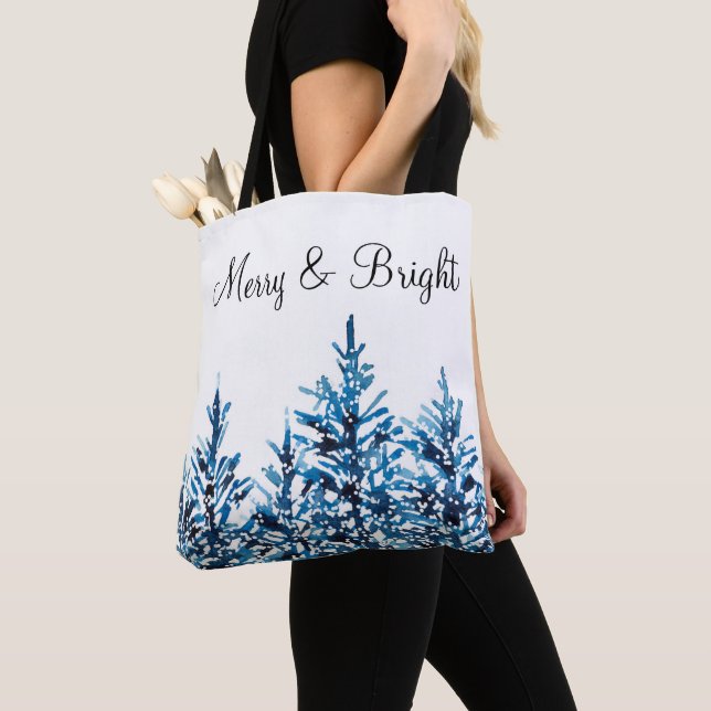 Winter Blue Watercolor Pine Trees   Tote Bag (Close Up)