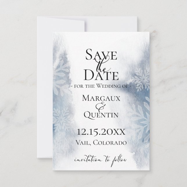 Winter Blue Watercolor Wash Save The Date Announcement (Front)