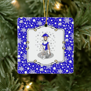 Winter Blue Whippet Snow Scarf - Fawn & white Cute Ceramic Ornament
