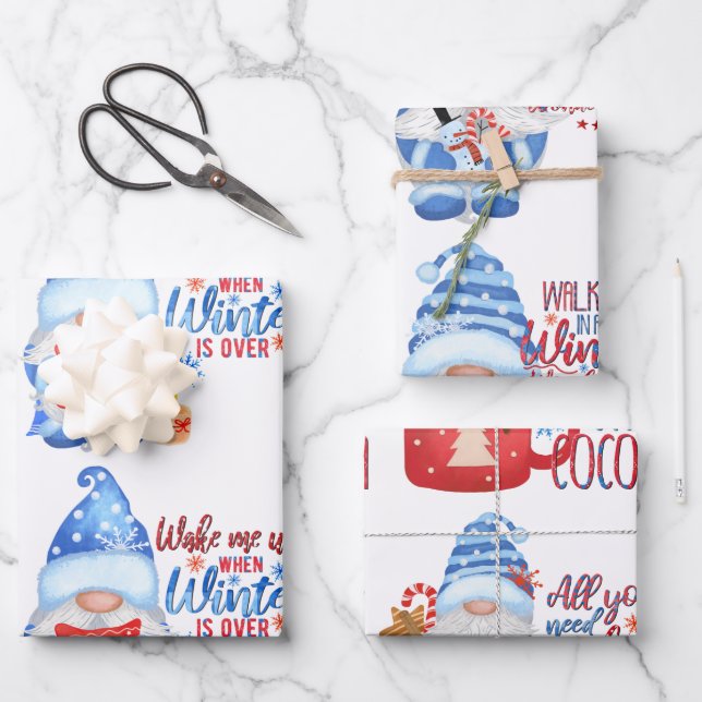 Winter Blue, White and Red Gnomes Wrapping Paper S (Front)